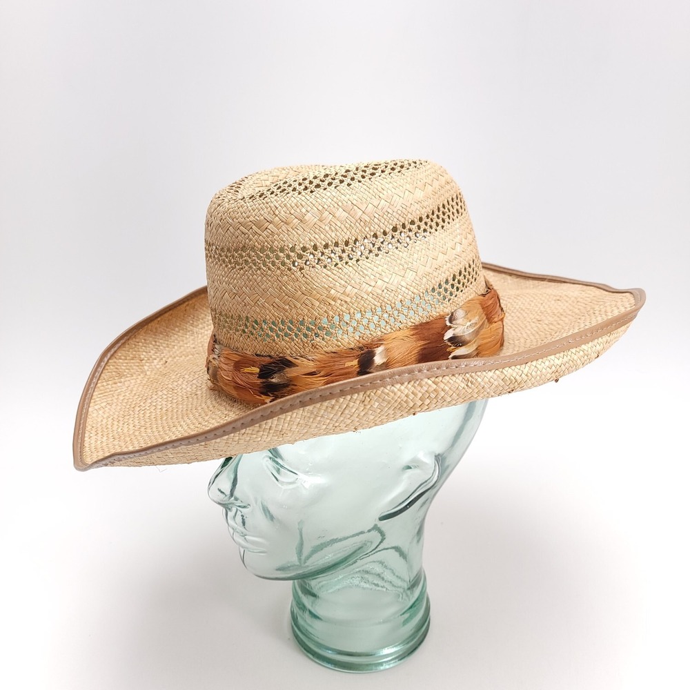 Woven Straw Western‎ Sun Hat Women's Small Feather Band Wire Rim Swiftie Outfit - Picture 4 of 8